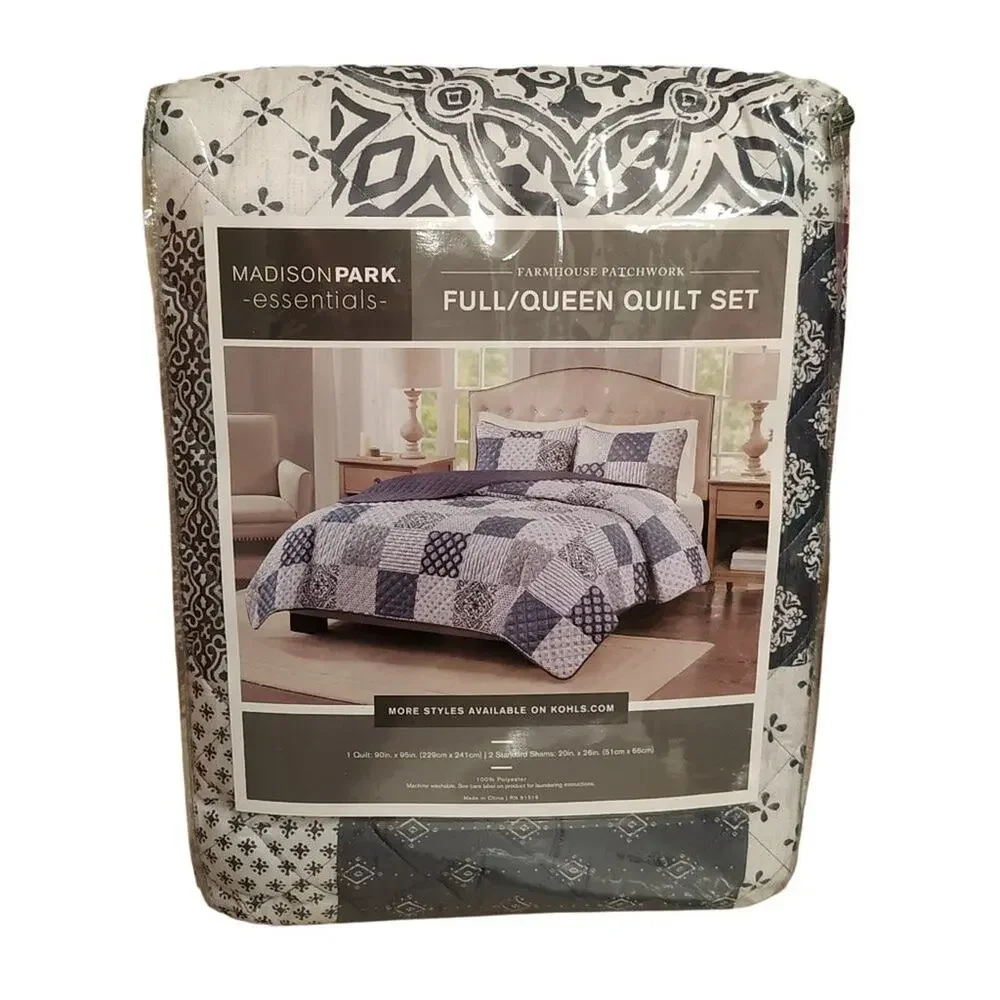 Patchwork Farmhouse Quilt & Navy Sheet Set F/Q